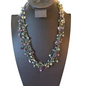 Fluorite &‎ Amethyst Gemstone Multistrand Beaded Necklace w/ Magnetic Clasp